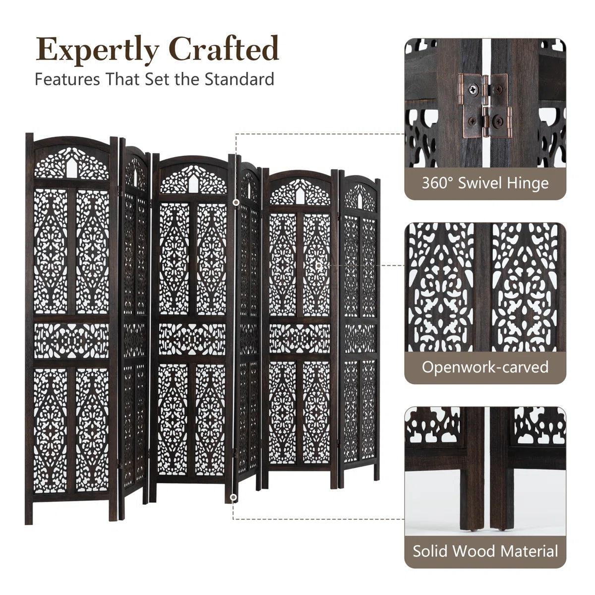Urbane Crafts 6-Panel Solid Wood Room Divider Screen - 67" Tall Carved Folding Privacy Partition with 360° Swivel Hinges & Openwork Filigree Pattern (Dark Espresso)