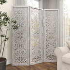 Urbane Crafts Hand-Carved 3-Panel Wood Room Divider, 69" H Whitewashed Folding Privacy Screen, Intricate Floral Openwork Partition Wall for Bedroom, Living Room & Home Office