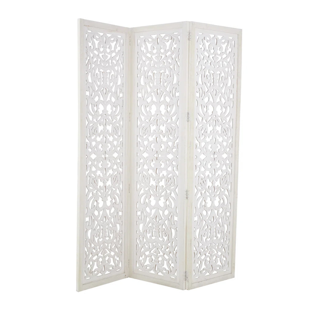 Urbane Crafts Hand-Carved 3-Panel Wood Room Divider, 69" H Whitewashed Folding Privacy Screen, Intricate Floral Openwork Partition Wall for Bedroom, Living Room & Home Office