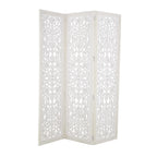 Urbane Crafts Hand-Carved 3-Panel Wood Room Divider, 69" H Whitewashed Folding Privacy Screen, Intricate Floral Openwork Partition Wall for Bedroom, Living Room & Home Office