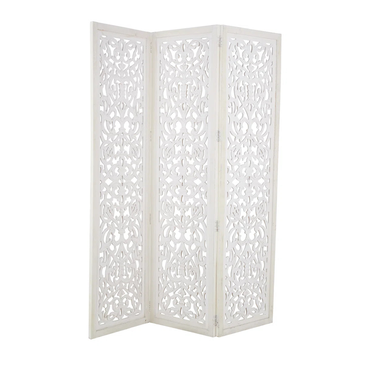 Urbane Crafts Hand-Carved 3-Panel Wood Room Divider, 69" H Whitewashed Folding Privacy Screen, Intricate Floral Openwork Partition Wall for Bedroom, Living Room & Home Office