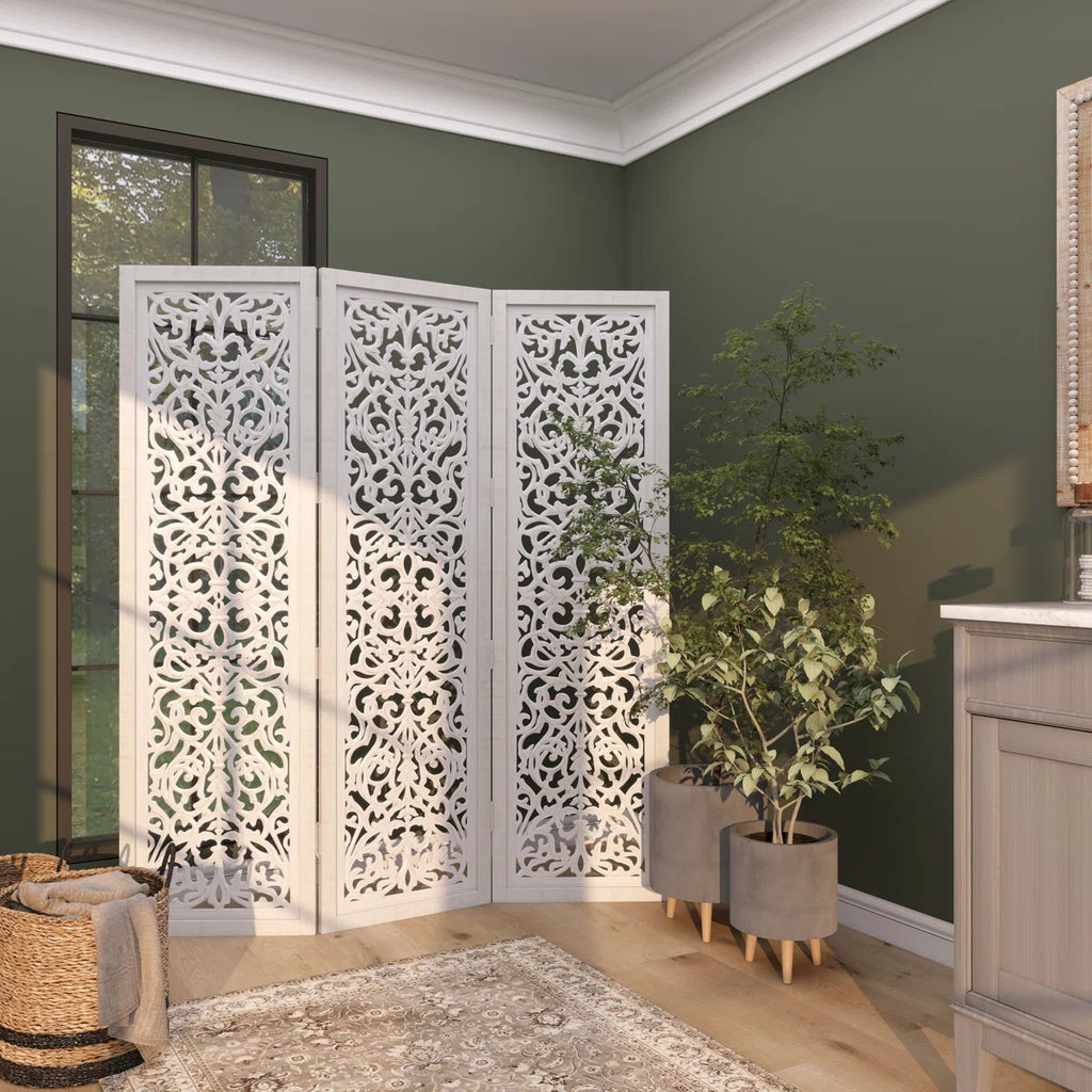 Urbane Crafts Hand-Carved 3-Panel Wood Room Divider, 69" H Whitewashed Folding Privacy Screen, Intricate Floral Openwork Partition Wall for Bedroom, Living Room & Home Office