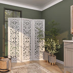 Urbane Crafts Hand-Carved 3-Panel Wood Room Divider, 69" H Whitewashed Folding Privacy Screen, Intricate Floral Openwork Partition Wall for Bedroom, Living Room & Home Office