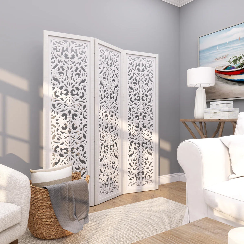 Urbane Crafts Hand-Carved 3-Panel Wood Room Divider, 69" H Whitewashed Folding Privacy Screen, Intricate Floral Openwork Partition Wall for Bedroom, Living Room & Home Office