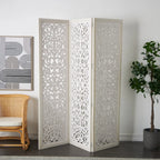 Urbane Crafts Hand-Carved 3-Panel Wood Room Divider, 69" H Whitewashed Folding Privacy Screen, Intricate Floral Openwork Partition Wall for Bedroom, Living Room & Home Office
