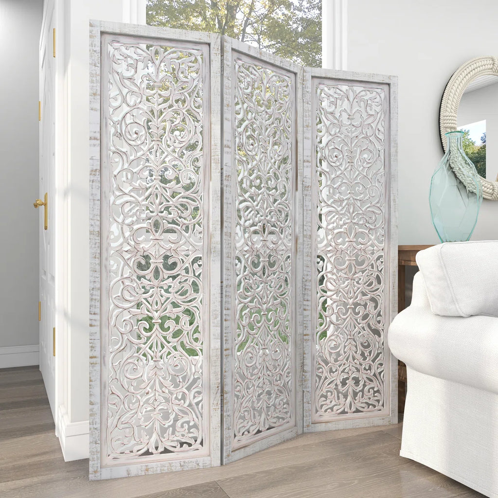 Urbane Crafts Hand-Carved 3-Panel Wood Room Divider, 69" H Whitewashed Folding Privacy Screen, Intricate Floral Openwork Partition Wall for Bedroom, Living Room & Home Office