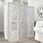 Urbane Crafts Hand-Carved 3-Panel Wood Room Divider, 69" H Whitewashed Folding Privacy Screen, Intricate Floral Openwork Partition Wall for Bedroom, Living Room & Home Office
