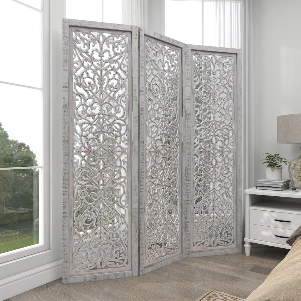 Urbane Crafts Hand-Carved 3-Panel Wood Room Divider, 69" H Whitewashed Folding Privacy Screen, Intricate Floral Openwork Partition Wall for Bedroom, Living Room & Home Office