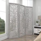 Urbane Crafts Hand-Carved 3-Panel Wood Room Divider, 69" H Whitewashed Folding Privacy Screen, Intricate Floral Openwork Partition Wall for Bedroom, Living Room & Home Office