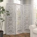 Urbane Crafts Hand-Carved 3-Panel Wood Room Divider, 69" H Whitewashed Folding Privacy Screen, Intricate Floral Openwork Partition Wall for Bedroom, Living Room & Home Office
