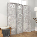 Urbane Crafts Hand-Carved 3-Panel Wood Room Divider, 69" H Whitewashed Folding Privacy Screen, Intricate Floral Openwork Partition Wall for Bedroom, Living Room & Home Office