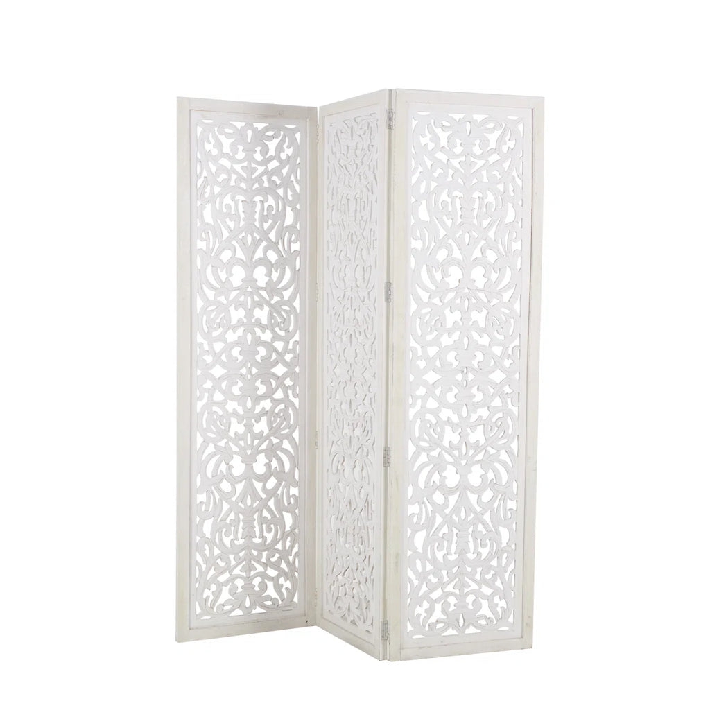 Urbane Crafts Hand-Carved 3-Panel Wood Room Divider, 69" H Whitewashed Folding Privacy Screen, Intricate Floral Openwork Partition Wall for Bedroom, Living Room & Home Office