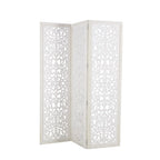 Urbane Crafts Hand-Carved 3-Panel Wood Room Divider, 69" H Whitewashed Folding Privacy Screen, Intricate Floral Openwork Partition Wall for Bedroom, Living Room & Home Office