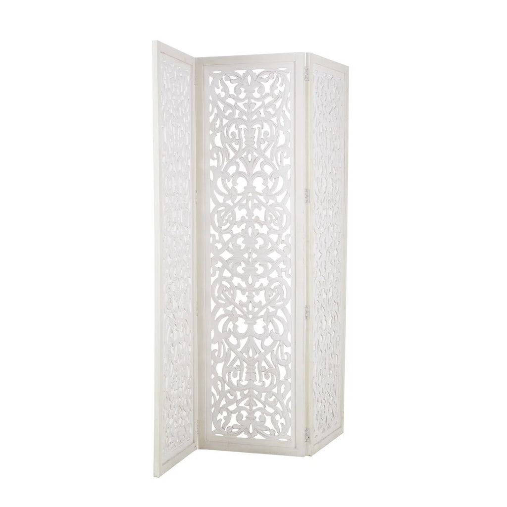 Urbane Crafts Hand-Carved 3-Panel Wood Room Divider, 69" H Whitewashed Folding Privacy Screen, Intricate Floral Openwork Partition Wall for Bedroom, Living Room & Home Office