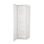 Urbane Crafts Hand-Carved 3-Panel Wood Room Divider, 69" H Whitewashed Folding Privacy Screen, Intricate Floral Openwork Partition Wall for Bedroom, Living Room & Home Office