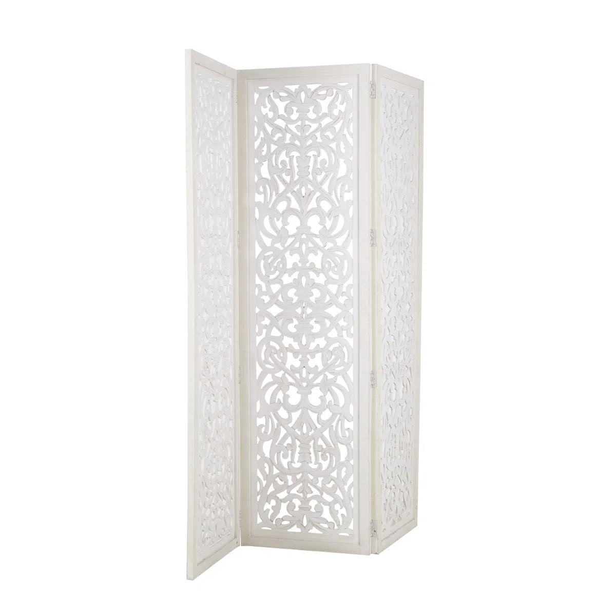 Urbane Crafts Hand-Carved 3-Panel Wood Room Divider, 69" H Whitewashed Folding Privacy Screen, Intricate Floral Openwork Partition Wall for Bedroom, Living Room & Home Office