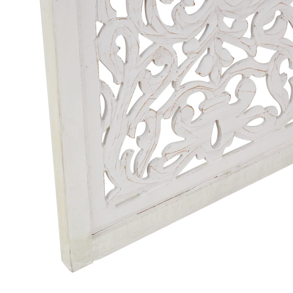 Urbane Crafts Hand-Carved 3-Panel Wood Room Divider, 69" H Whitewashed Folding Privacy Screen, Intricate Floral Openwork Partition Wall for Bedroom, Living Room & Home Office