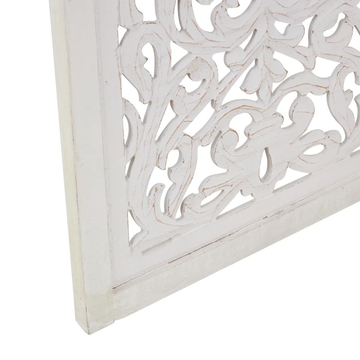 Urbane Crafts Hand-Carved 3-Panel Wood Room Divider, 69" H Whitewashed Folding Privacy Screen, Intricate Floral Openwork Partition Wall for Bedroom, Living Room & Home Office
