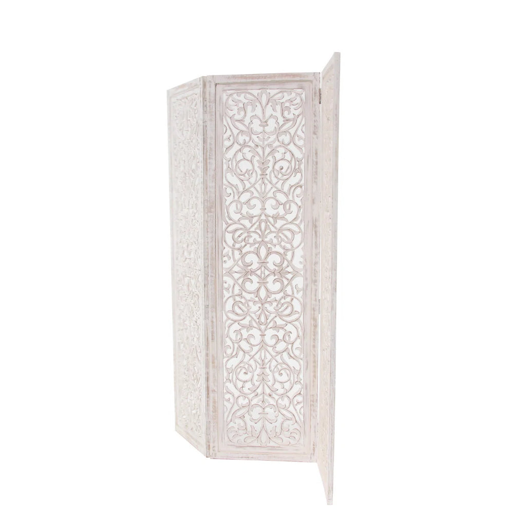 Urbane Crafts Hand-Carved 3-Panel Wood Room Divider, 69" H Whitewashed Folding Privacy Screen, Intricate Floral Openwork Partition Wall for Bedroom, Living Room & Home Office
