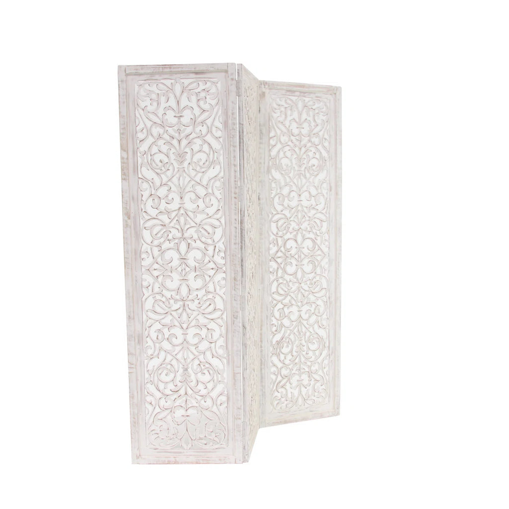 Urbane Crafts Hand-Carved 3-Panel Wood Room Divider, 69" H Whitewashed Folding Privacy Screen, Intricate Floral Openwork Partition Wall for Bedroom, Living Room & Home Office
