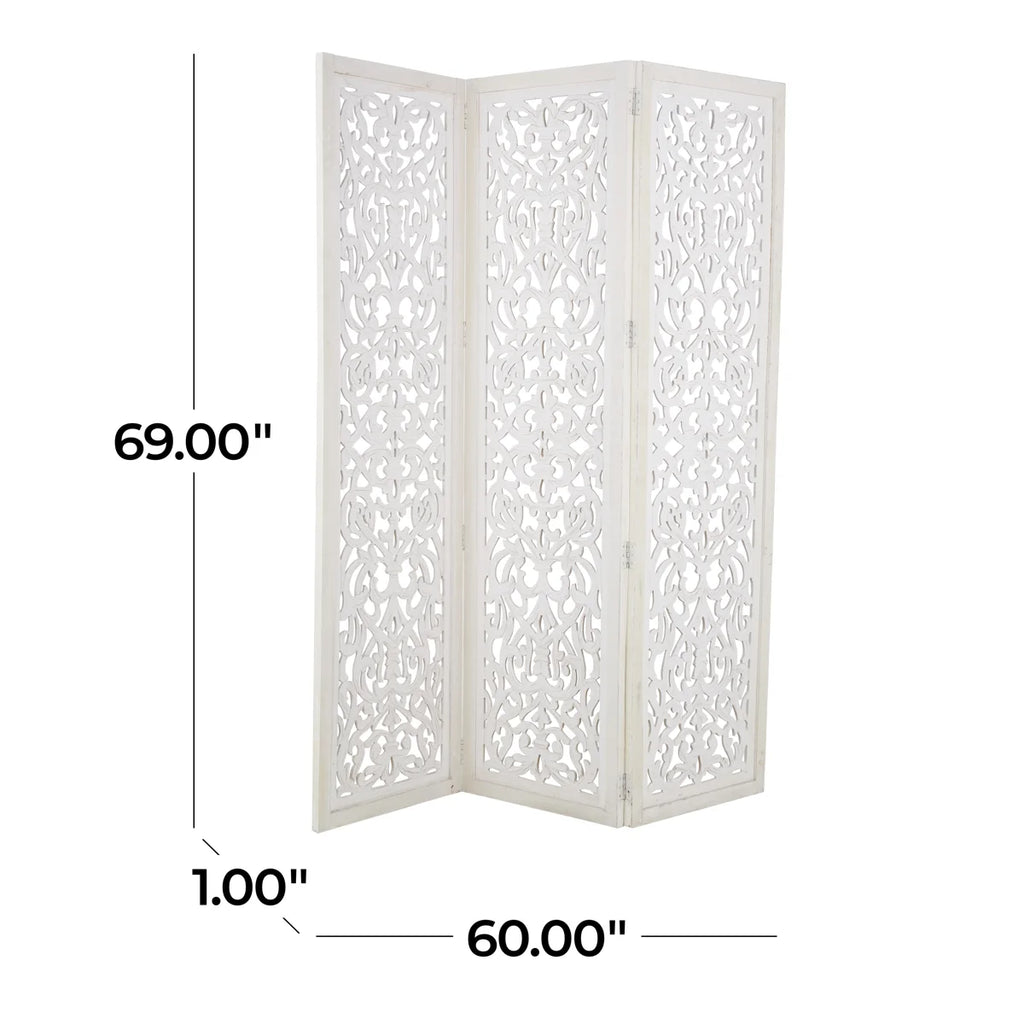Urbane Crafts Hand-Carved 3-Panel Wood Room Divider, 69" H Whitewashed Folding Privacy Screen, Intricate Floral Openwork Partition Wall for Bedroom, Living Room & Home Office