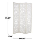 Urbane Crafts Hand-Carved 3-Panel Wood Room Divider, 69" H Whitewashed Folding Privacy Screen, Intricate Floral Openwork Partition Wall for Bedroom, Living Room & Home Office
