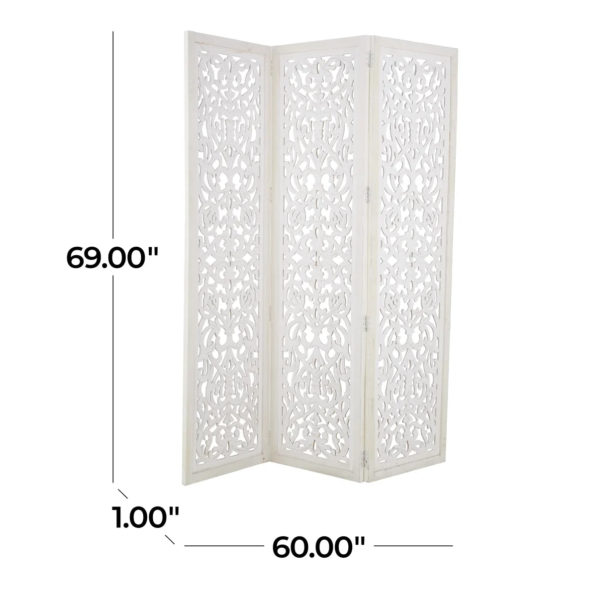 Urbane Crafts Hand-Carved 3-Panel Wood Room Divider, 69" H Whitewashed Folding Privacy Screen, Intricate Floral Openwork Partition Wall for Bedroom, Living Room & Home Office