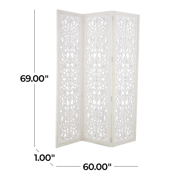 Urbane Crafts Hand-Carved 3-Panel Wood Room Divider, 69" H Whitewashed Folding Privacy Screen, Intricate Floral Openwork Partition Wall for Bedroom, Living Room & Home Office