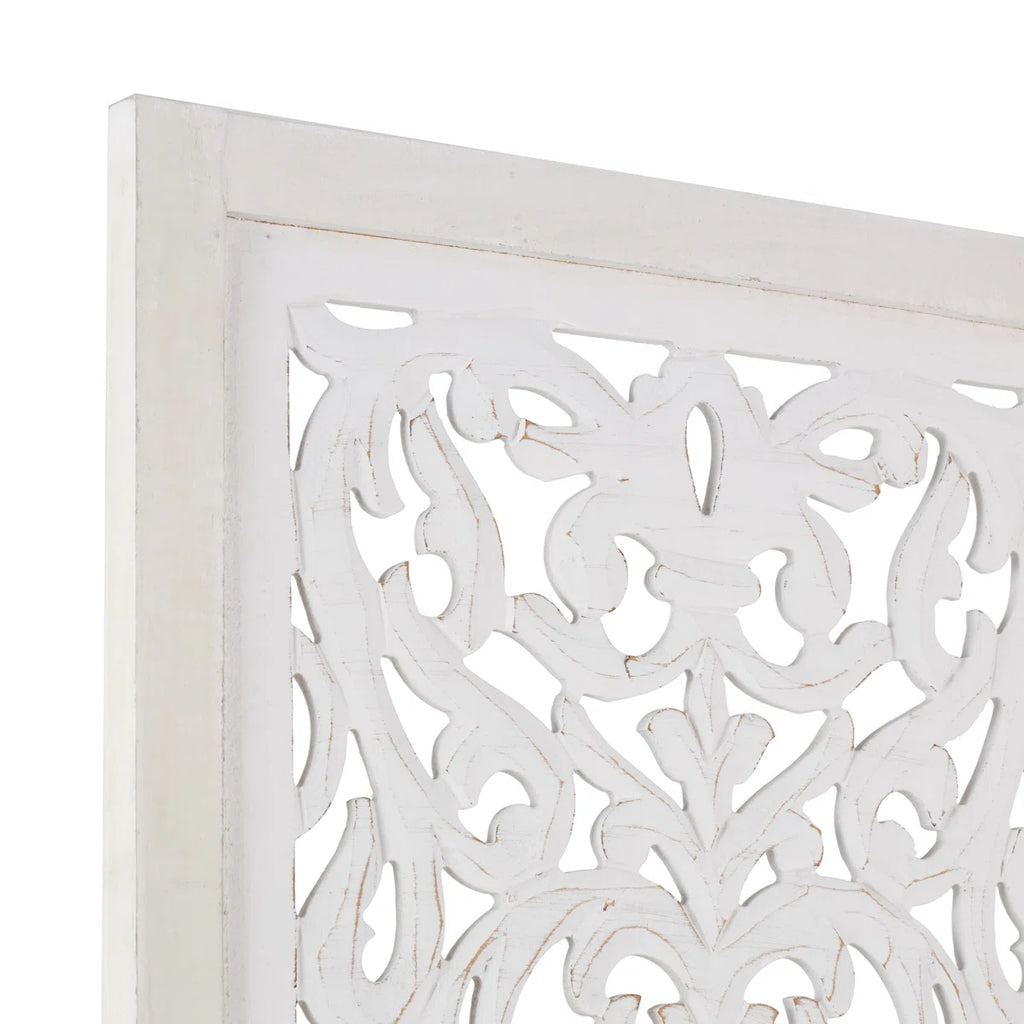 Urbane Crafts Hand-Carved 3-Panel Wood Room Divider, 69" H Whitewashed Folding Privacy Screen, Intricate Floral Openwork Partition Wall for Bedroom, Living Room & Home Office