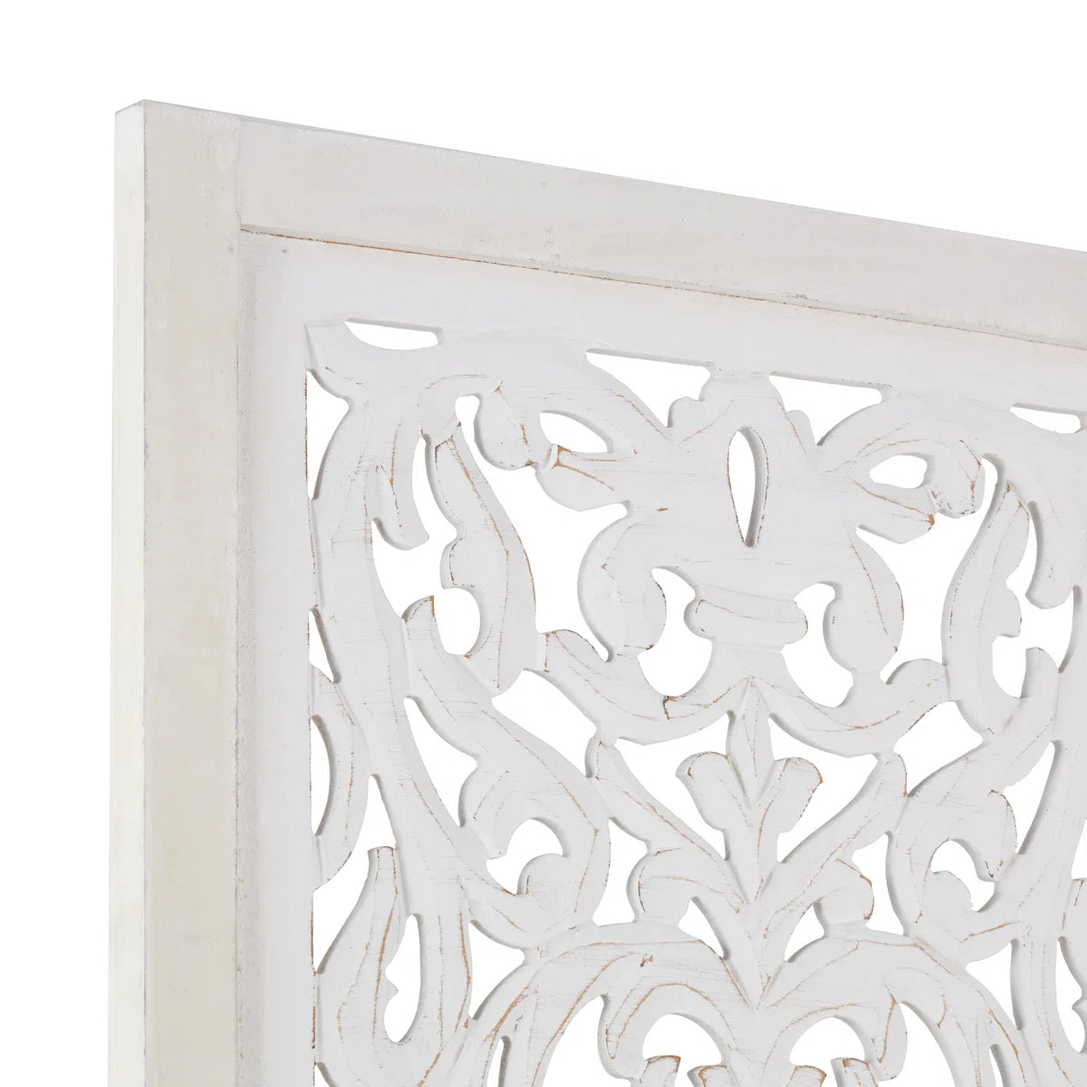 Urbane Crafts Hand-Carved 3-Panel Wood Room Divider, 69" H Whitewashed Folding Privacy Screen, Intricate Floral Openwork Partition Wall for Bedroom, Living Room & Home Office