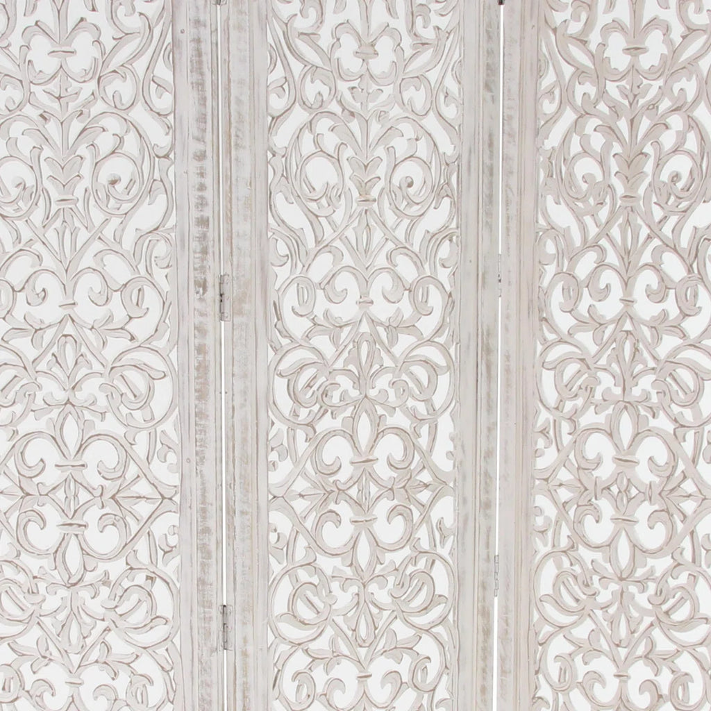Urbane Crafts Hand-Carved 3-Panel Wood Room Divider, 69" H Whitewashed Folding Privacy Screen, Intricate Floral Openwork Partition Wall for Bedroom, Living Room & Home Office