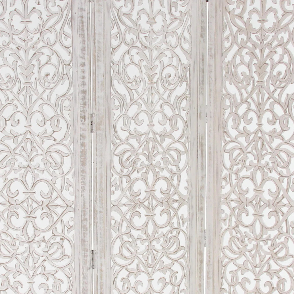 Urbane Crafts Hand-Carved 3-Panel Wood Room Divider, 69" H Whitewashed Folding Privacy Screen, Intricate Floral Openwork Partition Wall for Bedroom, Living Room & Home Office
