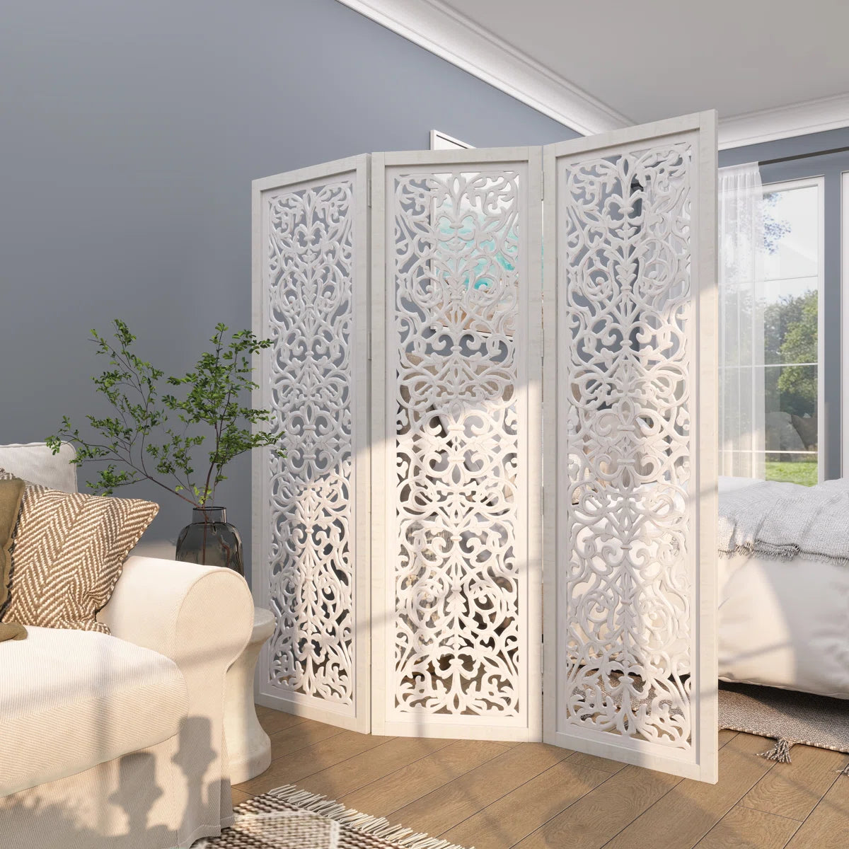 Urbane Crafts Hand-Carved 3-Panel Wood Room Divider, 69" H Whitewashed Folding Privacy Screen, Intricate Floral Openwork Partition Wall for Bedroom, Living Room & Home Office