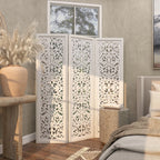 Urbane Crafts Hand-Carved 3-Panel Wood Room Divider, 69" H Whitewashed Folding Privacy Screen, Intricate Floral Openwork Partition Wall for Bedroom, Living Room & Home Office