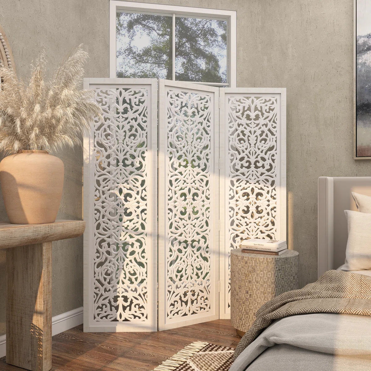 Urbane Crafts Hand-Carved 3-Panel Wood Room Divider, 69" H Whitewashed Folding Privacy Screen, Intricate Floral Openwork Partition Wall for Bedroom, Living Room & Home Office