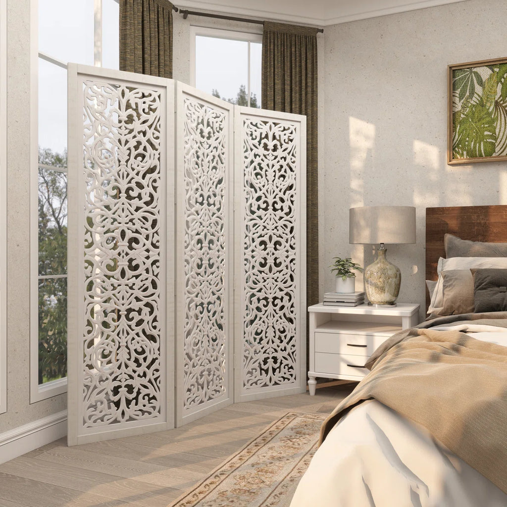 Urbane Crafts Hand-Carved 3-Panel Wood Room Divider, 69" H Whitewashed Folding Privacy Screen, Intricate Floral Openwork Partition Wall for Bedroom, Living Room & Home Office