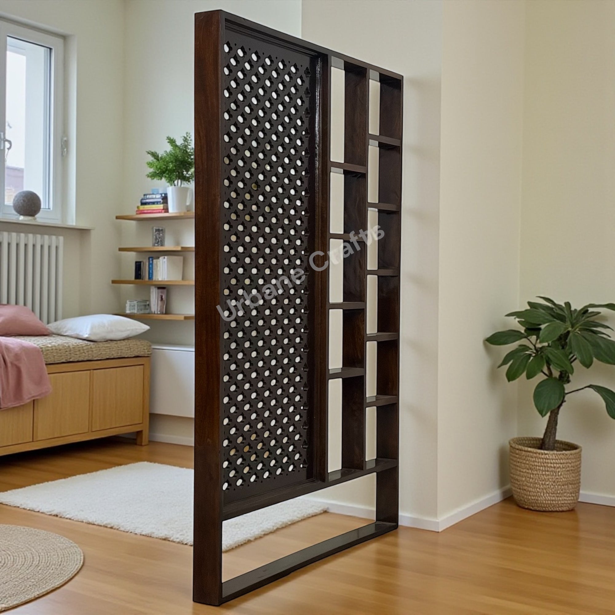 Handcrafted Solid Mango Wood Room Divider & Multi-Tier Display Bookshelf