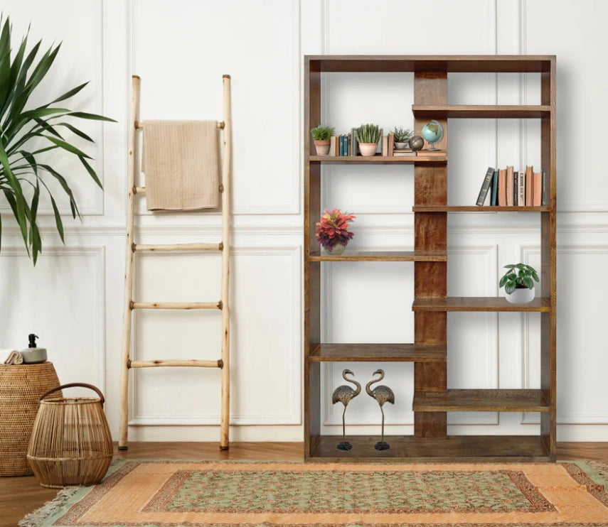 Handcrafted Solid Mango Wood Room Divider & Multi-Tier Display Bookshelf
