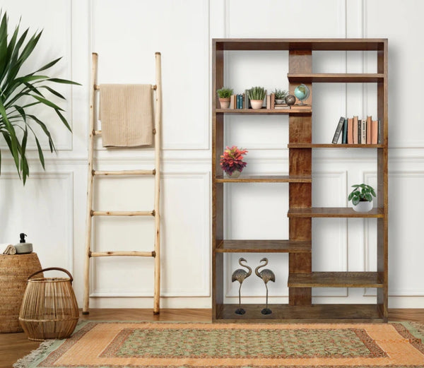 Handcrafted Solid Mango Wood Room Divider & Multi-Tier Display Bookshelf