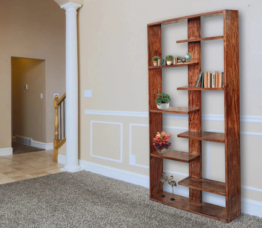 Handcrafted Solid Mango Wood Room Divider & Multi-Tier Display Bookshelf