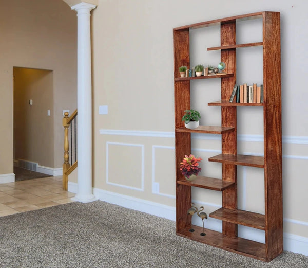 Handcrafted Solid Mango Wood Room Divider & Multi-Tier Display Bookshelf