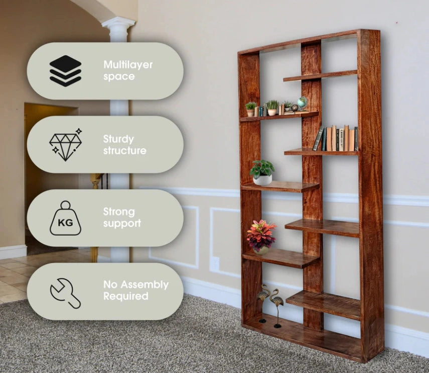 Handcrafted Solid Mango Wood Room Divider & Multi-Tier Display Bookshelf