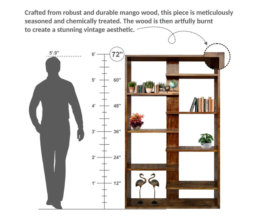 Handcrafted Solid Mango Wood Room Divider & Multi-Tier Display Bookshelf