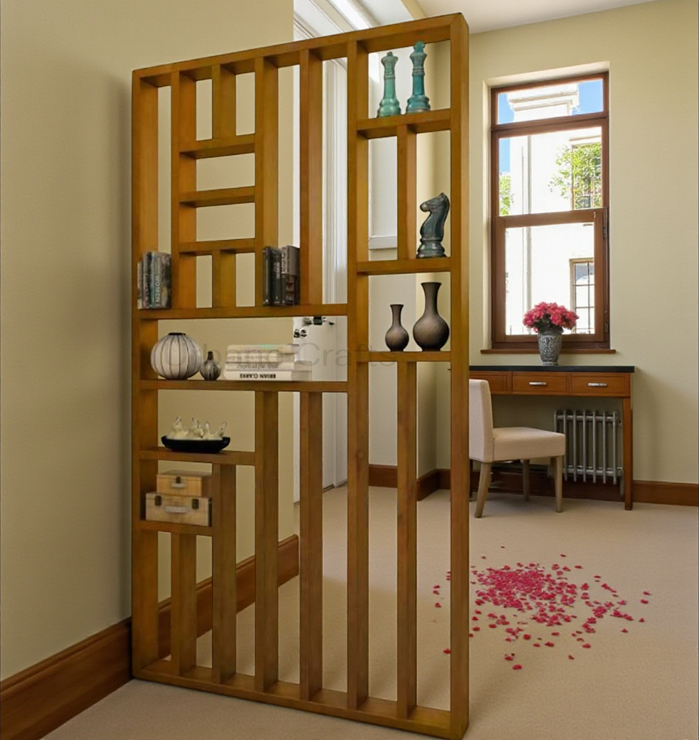 Handcrafted Solid Mango Wood Room Divider & Multi-Tier Display Bookshelf