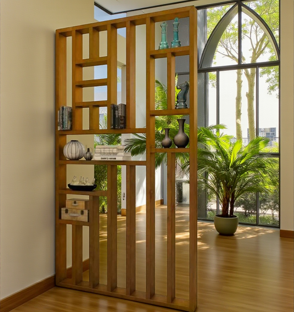 Handcrafted Solid Mango Wood Room Divider & Multi-Tier Display Bookshelf