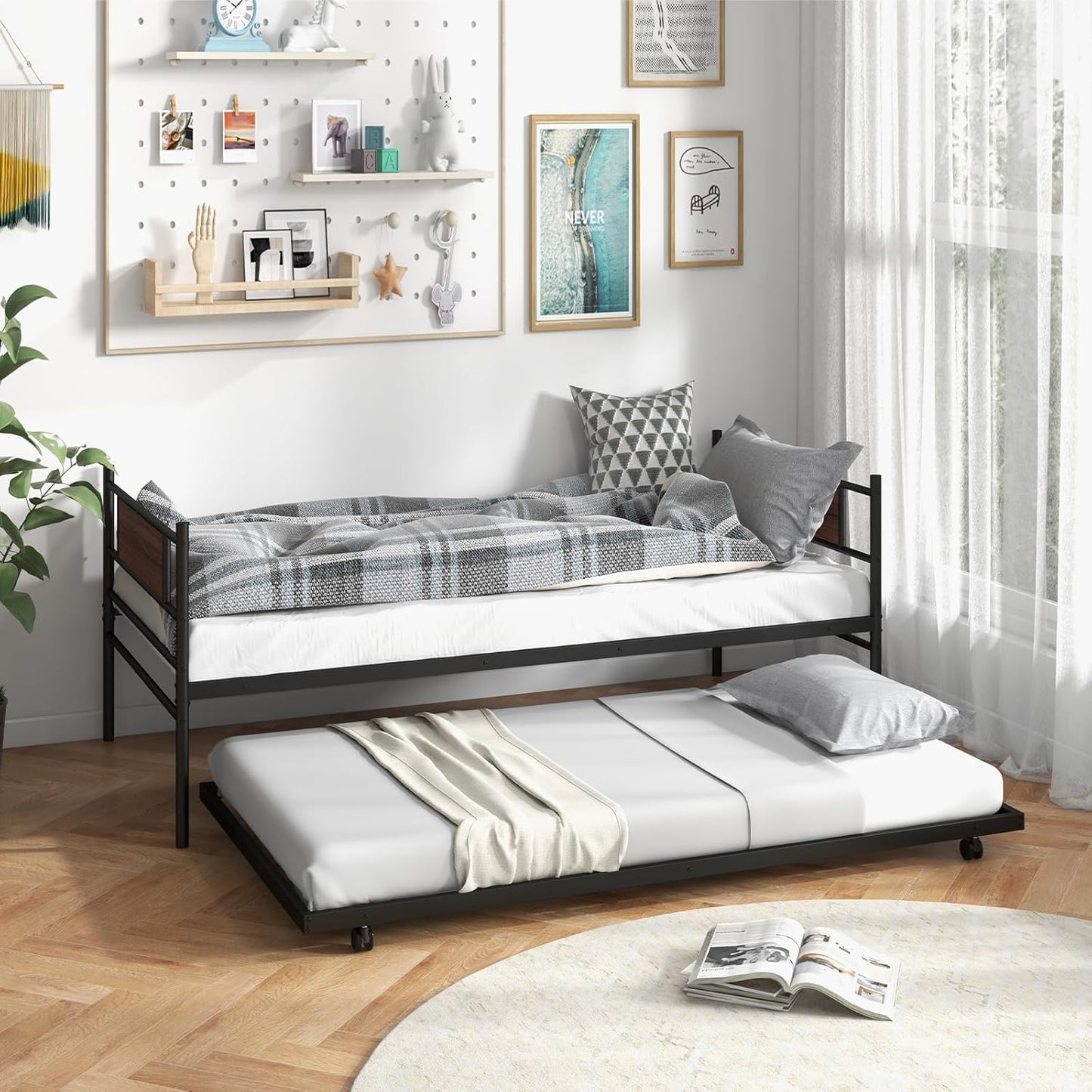 Urbane Crafts Metal Daybed with Trundle, Twin Size Day Bed with Wood Grain Headboard & Metal Slat Support, Space-Saving Trundle Sofa Bed for Living Room Guest Room, Easy Assembly, No Box Spring Needed