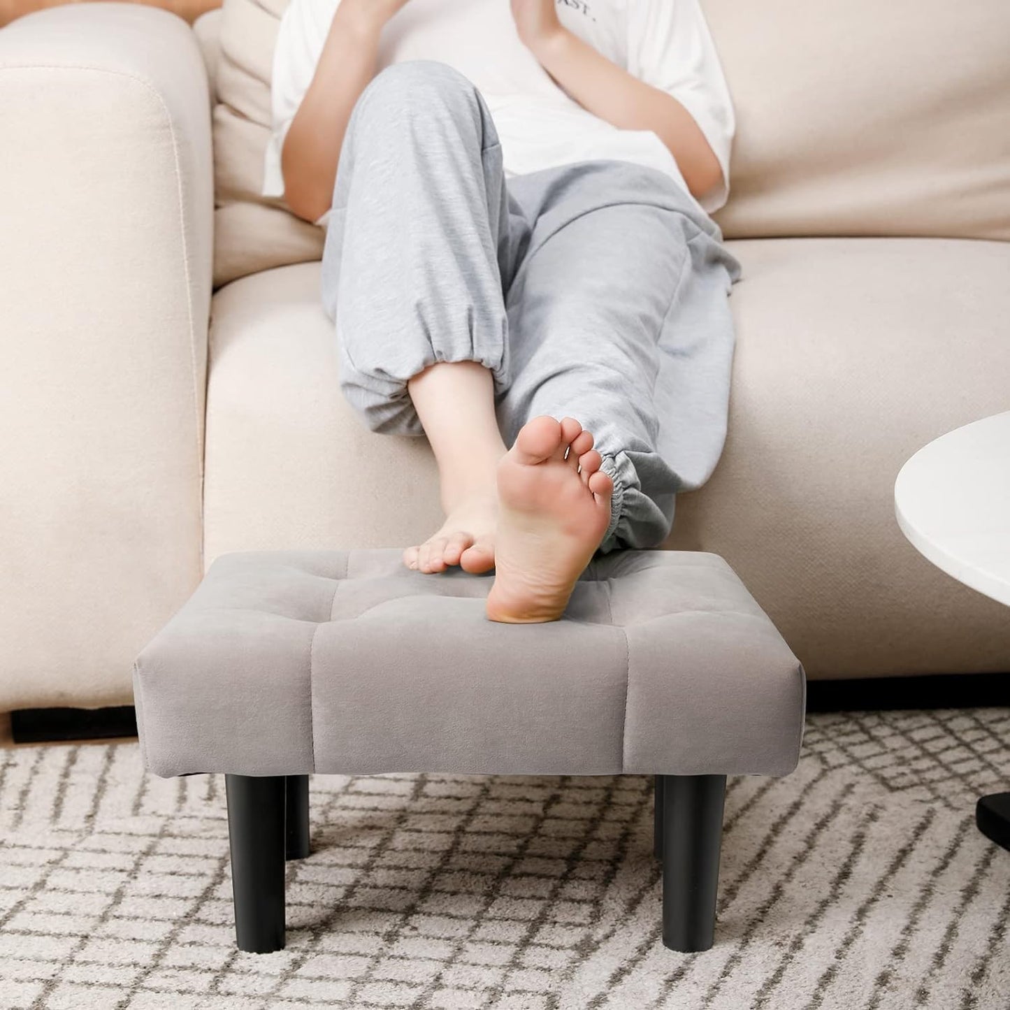 Urbane Crafts Footstool Rectangle Ottoman,Velvet Soft Footrest Ottoman with Wood Legs,Sofa Footrest Extra Seating for Living Room Small Stool for Living Room Couch Pets (Grey)