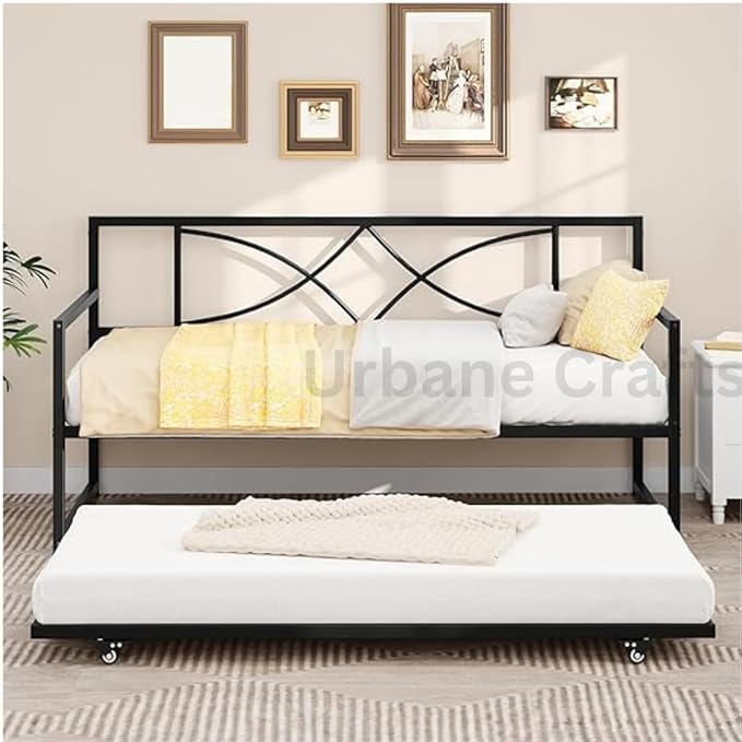 Urbane Crafts Twin Daybed with Pull Out Trundle, Metal Day Bed with Adjustable Height, Twin Size Mattress Foundation with Steel Slat Support for Guest Room Living Room - Black