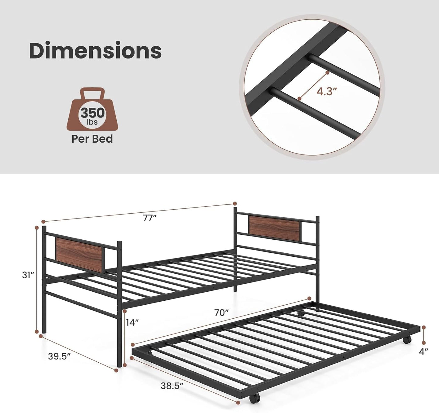 Urbane Crafts Metal Daybed with Trundle, Twin Size Day Bed with Wood Grain Headboard & Metal Slat Support, Space-Saving Trundle Sofa Bed for Living Room Guest Room, Easy Assembly, No Box Spring Needed