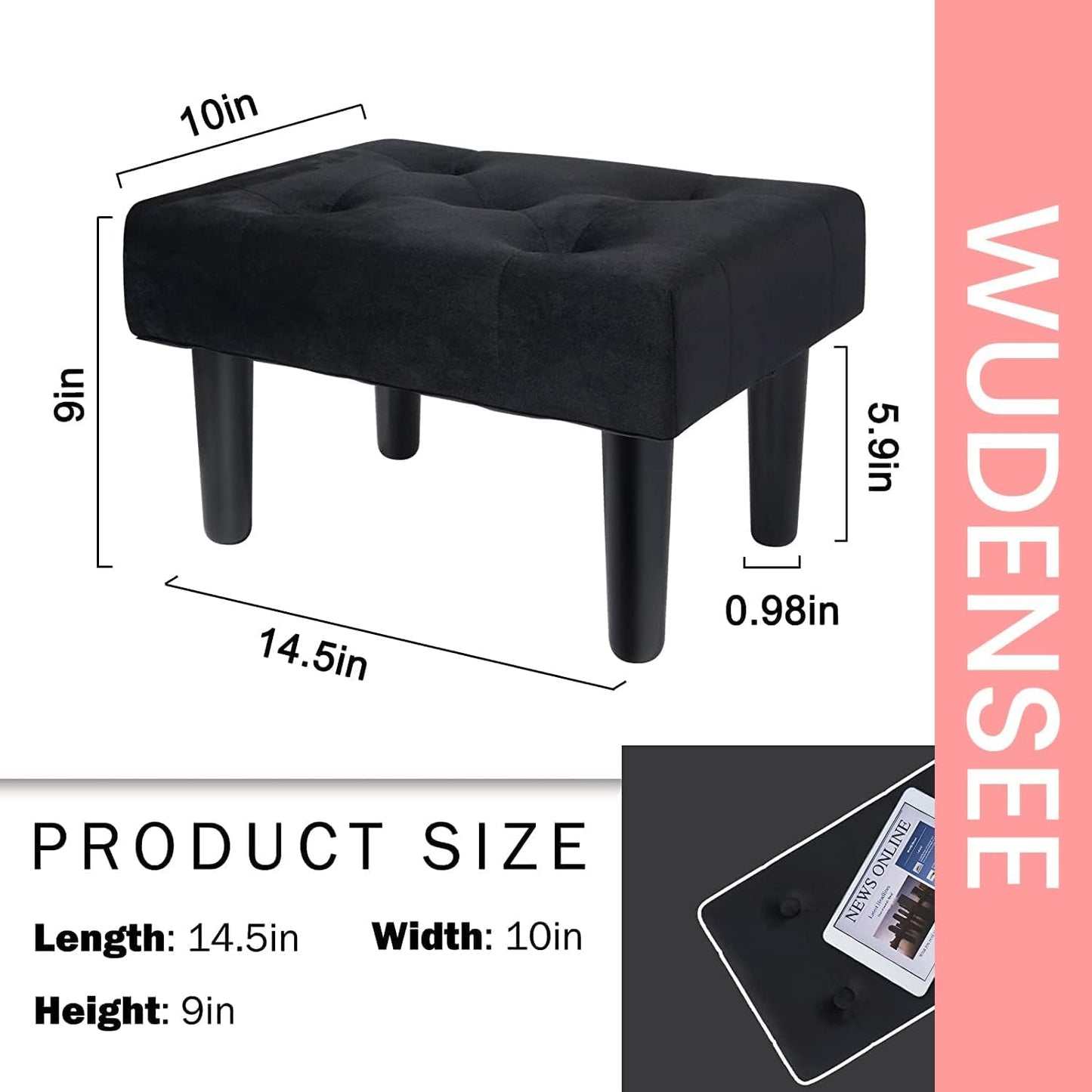 Urbane Crafts Footstool Rectangle Ottoman,Velvet Soft Footrest Ottoman with Wood Legs,Sofa Footrest Extra Seating for Living Room Small Stool for Living Room Couch Pets (Grey)